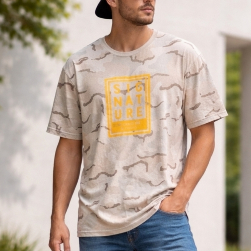 Signature by Levi Strauss Beige Camo Short Sleeve Tee with Yellow Logo Patch